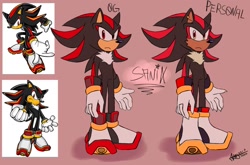 Size: 1713x1128 | Tagged: safe, artist:imovvfox, shadow the hedgehog, 2024, boots, cheek fluff, duality, ear piercing, earring, english text, flat colors, frown, looking at viewer, pink background, redesign, reference inset, shadow (lighting), signature, simple background, solo, style emulation, text