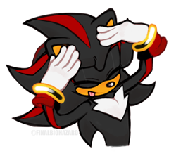 Size: 900x800 | Tagged: safe, artist:finalbiohazard, shadow the hedgehog, 2025, bleh, bust, cute, eyes closed, hand on head, hand on own head, shadowbetes, simple background, solo, tongue out, white background