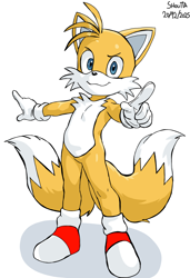 Size: 3328x4864 | Tagged: safe, artist:shoutta4, miles "tails" prower, 2025, :3, looking at viewer, pointing, shadow (lighting), signature, simple background, smile, smiling at viewer, solo, standing, white background