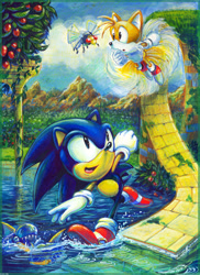 Size: 1280x1757 | Tagged: safe, artist:liris-san, miles "tails" prower, sonic the hedgehog, aquatic ruin zone, sonic the hedgehog 2, 2014, abstract background, badnik, chop chop, classic sonic, classic tails, daytime, duo focus, flapping wings, flying, grass, group, looking at them, mid-air, mouth open, outdoors, pencilwork, robot, running, smile, traditional media, tree, water, whisp