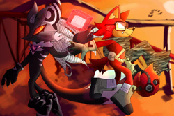Size: 2048x1379 | Tagged: safe, artist:ahratty, gadget the wolf, infinite the jackal, sonic forces, 2025, abstract background, back to back, cube, duo, frown, holding something, looking at viewer, mid-air, one fang, phantom ruby, scarf, side view, wispon