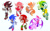 Size: 2048x1255 | Tagged: safe, artist:froflossy, amy rose, knuckles the echidna, miles "tails" prower, rouge the bat, shadow the hedgehog, sonic the hedgehog, surge the tenrec, bat, echidna, fox, hedgehog, tenrec, 2025, claws, cross popping vein, cute, devil horns (gesture), dress, emanata, female, frown, group, hammer, heart, lightning bolt, looking at viewer, male, no outlines, piko piko hammer, simple background, smile, sparkle, star (symbol), tongue out, waving, white background