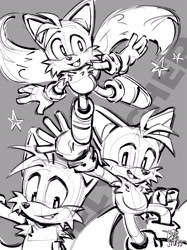 Size: 2048x2731 | Tagged: safe, artist:candycatstuffs, miles "tails" prower, 2025, abstract background, flying, looking at viewer, looking offscreen, mid-air, monochrome, mouth open, one fang, open smile, redraw, sketch, smile, smiling at viewer, solo, star (symbol), waving