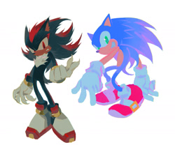 Size: 2001x1742 | Tagged: safe, artist:froflossy, shadow the hedgehog, sonic the hedgehog, 2025, backwards v sign, claws, clenched teeth, duo, frown, looking at viewer, no outlines, posing, redraw, simple background, smile, standing, v sign, white background