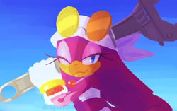 Size: 2048x1286 | Tagged: safe, artist:regrat1704, wave the swallow, 2025, cute, gradient background, holding something, lidded eyes, looking at viewer, sky background, smile, smiling at viewer, solo, standing, waveabetes, wink, winking at viewer, wrench