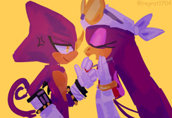 Size: 1900x1300 | Tagged: safe, artist:regrat1704, espio the chameleon, wave the swallow, 2025, crack shipping, duo, espio x wave, eyes closed, holding something, looking at them, no outlines, shipping, side view, simple background, smile, smiling at them, standing, straight, yellow background