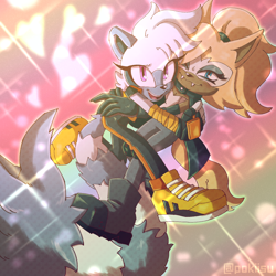 Size: 1500x1500 | Tagged: safe, artist:pokiisu, tangle the lemur, whisper the wolf, 2025, abstract background, duo, heart, holding each other, lesbian, outline, shipping, smile, smiling at viewer, sparkles, tangle x whisper