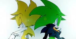 Size: 2700x1385 | Tagged: safe, artist:darkcrowl, scourge the hedgehog, sonic the hedgehog, 2017, back to back, duo, fleetway, fleetway super sonic, lens flare, lidded eyes, looking offscreen, missing accessory, self paradox, sharp teeth, side view, simple background, smile, super form, white background