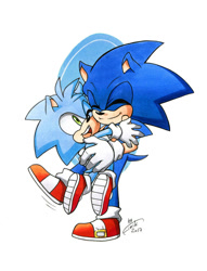 Size: 1024x1340 | Tagged: safe, artist:finikart, sonic the hedgehog, oc, oc:monty the hedgehog, hedgehog, 2017, brothers, duo, eyes closed, hugging, lifting them, looking at them, siblings, signature, smile, smiling at them, standing