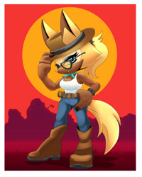 Size: 2048x2561 | Tagged: safe, artist:buddyhyped, whisper the wolf, 2025, abstract background, alternate outfit, bandana, belt, boots, border, clothes, cowgirl outfit, glasses, hat, jeans, looking at viewer, solo, standing, sun, tank top