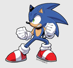 Size: 619x576 | Tagged: safe, artist:scourgefrontier, sonic the hedgehog, 2025, clenched fists, grey background, looking offscreen, posing, signature, simple background, smile, solo, standing