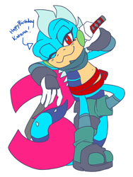 Size: 1500x2000 | Tagged: safe, artist:montydrswsstuff, oc, oc:katana the iguana, lizard, 2025, :3, birthday, flat colors, iguana, katana, leaning, looking at viewer, oc only, smile, smiling at viewer, solo, standing, text, wink, winking at viewer