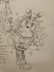 Size: 2048x2731 | Tagged: safe, artist:montydrswsstuff, charmy bee, bee, 2025, alternate outfit, bowtie, idol outfit, looking up, microphone, monochrome, solo, standing, star (symbol), v sign