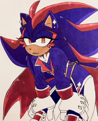 Size: 2048x2522 | Tagged: safe, artist:jasethegooberton, shadow the hedgehog, 2025, alternate universe, bending over, ear piercing, earring, eyelashes, fangs, hand on knee, idol outfit, idol shadow, lidded eyes, solo, standing, traditional media