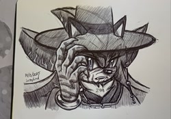 Size: 2048x1423 | Tagged: safe, artist:suzy_lind, shadow the hedgehog, 2025, bust, claws, crossover, demon markings, greyscale, k-pop demon hunters, looking offscreen, monochrome, signature, solo, traditional media