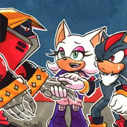 Size: 1112x1109 | Tagged: safe, artist:melissa-b-chan, e-123 omega, rouge the bat, shadow the hedgehog, 31 days sonic, sonic heroes, 2022, indoors, outline, redraw, rouge's heroes bodysuit, signature, standing, team dark, trio
