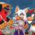 Size: 1112x1109 | Tagged: safe, artist:melissa-b-chan, e-123 omega, rouge the bat, shadow the hedgehog, 31 days sonic, sonic heroes, 2022, clenched fist, frown, holding hands, indoors, looking at each other, mouth open, open smile, outline, raised eyebrow, redraw, rouge's heroes bodysuit, signature, smile, standing, team dark, trio, white outline