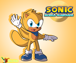 Size: 1001x833 | Tagged: safe, artist:shiny-keldeo, ray the flying squirrel, 2024, alternate universe, au:mobius guardians, bandana, blue shoes, gloves, gradient background, mouth open, open smile, shoes, smile, smiling at viewer, solo, standing, waving