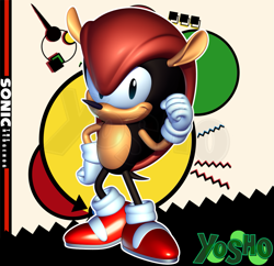 Size: 1115x1080 | Tagged: safe, artist:yosho-da, mighty the armadillo, 2023, 3d, abstract background, clenched fist, gloves, hand on hip, looking at viewer, outline, red shoes, shoes, signature, smiling at viewer, solo, text