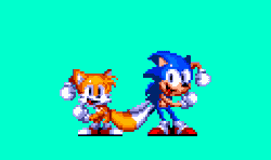 Size: 600x355 | Tagged: safe, artist:cartoonsanimate22, miles "tails" prower, sonic the hedgehog, 2022, alternate version, animated, blue background, classic sonic, classic tails, dancing, duo, gif, happy, infinite loop, looking at viewer, meme, pixel art, simple background, smile, smiling at viewer, sprite