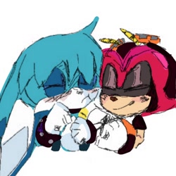 Size: 1280x1280 | Tagged: safe, artist:raythefartpooe, charmy bee, kit the fennec, 2025, charmy x kit, duo, eyes closed, gay, shipping, simple background, white background