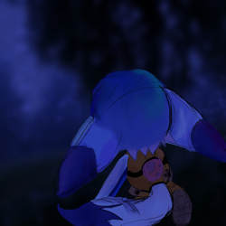 Size: 1280x1280 | Tagged: safe, artist:raythefartpooe, kit the fennec, 2025, abstract background, from behind, kneeling, looking offscreen, solo