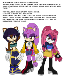 Size: 1742x2115 | Tagged: safe, artist:runhurd, hedgehog, lynx, rabbit, 2025, barely sonic related, clothes, crossover, eyelashes, flat colors, huntr/x, k-pop demon hunters, lidded eyes, looking at viewer, mira (k-pop demon hunters), mobianified, rumi (k-pop demon hunters), simple background, smile, smiling at viewer, standing, text, trio, white background, zoey (k-pop demon hunters)