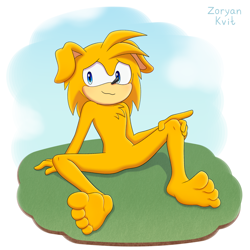 Size: 2300x2300 | Tagged: safe, artist:zoryankvit, oc, oc:jamie the dog, dog, 2022, barefoot, gradient background, grass, hand on knee, humanoid feet, looking offscreen, naked, oc only, shy, sitting, smile, solo