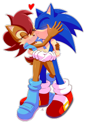 Size: 5000x7100 | Tagged: safe, artist:xxkenthewolfxx, sally acorn, sonic the hedgehog, 2020, cute, duo, eyes closed, heart, holding each other, hugging, kiss, kiss on cheek, sally x sonic, shipping, simple background, smile, standing, straight, transparent background