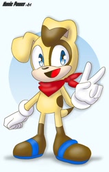 Size: 1029x1621 | Tagged: safe, artist:nonicpower, muttski, dog, 2024, bandana, mouth open, open smile, sandals, shoes, smile, smiling at viewer, solo, standing, v sign