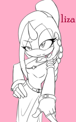 Size: 600x953 | Tagged: safe, artist:chameleon_pink, 2012, belt, chameleon, character name, clothes, eye clipping through hair, fingerless gloves, flat colors, frown, gloves, hair, lidded eyes, liza the chameleon, long hair, looking offscreen, monochrome, necklace, pink background, simple background, solo, standing, text