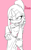 Size: 600x953 | Tagged: safe, artist:chameleon_pink, 2012, belt, chameleon, character name, clothes, eye clipping through hair, fingerless gloves, flat colors, frown, gloves, hair, hand on hip, lidded eyes, liza the chameleon, long hair, looking offscreen, monochrome, necklace, pink background, raised eyebrow, simple background, solo, standing, text