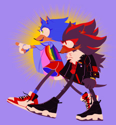 Size: 2048x2206 | Tagged: safe, artist:lowpolysonic, shadow the hedgehog, sonic the hedgehog, cape, clothes, duo, gay, gay pride, jacket, lineless, pride, shadow x sonic, shipping, t4t, trans boy shadow, trans boy sonic, trans female, trans pride, transgender