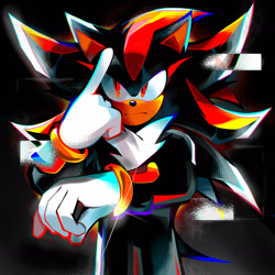 Size: 2048x2048 | Tagged: safe, artist:kuroiyuki96, shadow the hedgehog, hedgehog, 2025, digital static, frown, glitch, gradient background, posing, shine, solo, sonic rivals 2, standing
