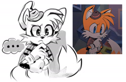 Size: 2018x1306 | Tagged: safe, artist:valis-chaos, miles "tails" prower, fox, the murder of sonic the hedgehog, ..., 2025, :<, clothes, cute, frown, hat, monochrome, poncho, redraw, reference inset, simple background, solo, standing, tailabetes, thinking, thought bubble, white background