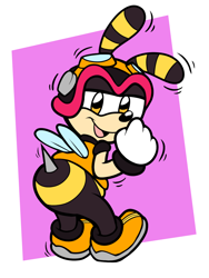 Size: 1536x2048 | Tagged: safe, artist:floofyboyetime, charmy bee, bee, 2023, flat colors, lidded eyes, looking at viewer, looking back, looking back at viewer, mouth open, open smile, posing, redraw, smile, solo, standing