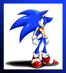 Size: 700x778 | Tagged: safe, artist:miakodathebright, sonic the hedgehog, 2011, border, looking offscreen, side view, signature, smile, solo, standing