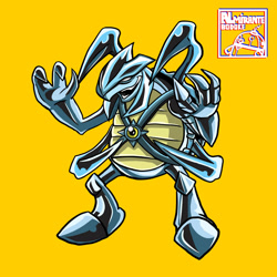 Size: 1280x1280 | Tagged: safe, artist:almirantebodoke, 2024, a.d.a.m, eyestrain, looking offscreen, robot, simple background, solo, standing, yellow background