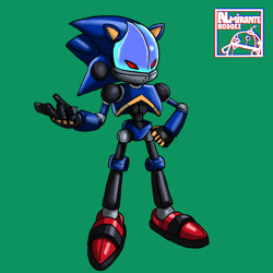 Size: 800x800 | Tagged: safe, artist:almirantebodoke, chaos sonic, 2024, green background, hand on hip, looking offscreen, robot, simple background, solo, standing