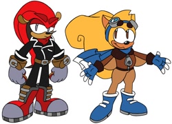 Size: 1200x866 | Tagged: safe, artist:wpotato01, mighty the armadillo, ray the flying squirrel, aviator jacket, belt, boots, clothes, coat, duo, eyebrow clipping through clothes, frown, goggles, goggles on head, jacket, looking at them, looking at viewer, pants, redesign, scarf, smile, zip