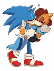 Size: 1564x2048 | Tagged: safe, artist:jisoo gunn, sally acorn, sonic the hedgehog, chipmunk, hedgehog, duo, heart, kiss, sally x sonic, sally's ringblader outfit, shipping, straight, white background