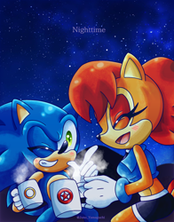 Size: 1228x1569 | Tagged: safe, artist:juno_yamaguchi, sally acorn, sonic the hedgehog, chipmunk, hedgehog, 2022, drink, duo, mug, nighttime, sally x sonic, sally's ringblader outfit, shipping, straight
