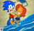 Size: 3850x3436 | Tagged: safe, artist:frostbitewhiteknight, sally acorn, sonic the hedgehog, chipmunk, hedgehog, 2023, aquaphobia, barefoot, beach, bikini, daytime, deckchair, duo, female, male, post-super genesis wave sally, sally x sonic, sarong, shipping, straight, sweatdrop, swimming trunks, swimsuit, vacation, walking, water