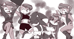 Size: 4530x2400 | Tagged: safe, artist:kc456-art, sally acorn, sonic the hedgehog, chipmunk, hedgehog, 2024, blushing, fleetway sally, greyscale, group, sailor moon sally, sally x sonic, sally's ringblader outfit, sally's vest and boots, shipping, straight