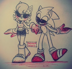 Size: 1155x1102 | Tagged: safe, artist:tamak0, sally acorn, sonic the hedgehog, oc, oc:sally.exe, oc:sonic.exe, chipmunk, hedgehog, 2017, blood, duo, holding hands, sally x sonic, sally's ringblader outfit, shipping, straight