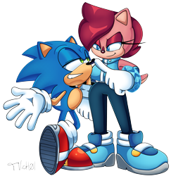 Size: 1280x1315 | Tagged: safe, artist:tvict101, sally acorn, sonic the hedgehog, chipmunk, hedgehog, 2025, duo, looking at each other, sally x sonic, sally's ringblader outfit, shipping, straight