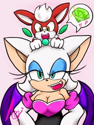 Size: 1536x2048 | Tagged: safe, artist:airouge, chip, rouge the bat, 2025, chaos emerald, duo, heart, pink background, simple background, smile, speech bubble