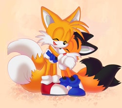 Size: 2000x1781 | Tagged: safe, artist:montyth, miles "tails" prower, oc, oc:tony the fox, fox, 2025, cream background, cute, duo, eyes closed, hugging, simple background, smile, standing, three tails