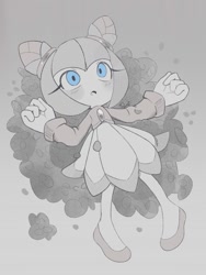 Size: 1500x2000 | Tagged: safe, artist:remimun, cosmo the seedrian, seedrian, 2025, blue eyes, flower, gradient background, greyscale, looking up, lying down, monochrome, mouth open, solo, spot color