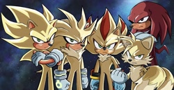Size: 2048x1066 | Tagged: safe, artist:chiquitosilver, knuckles the echidna, miles "tails" prower, shadow the hedgehog, silver the hedgehog, sonic the hedgehog, super knuckles, super shadow, super sonic, super tails, 2024, alternate eye color, arms folded, clenched fist, dragon ball z, frown, galaxy background, green eyes, group, looking at viewer, posing, redraw, standing, super form, super silver, this won't end well
